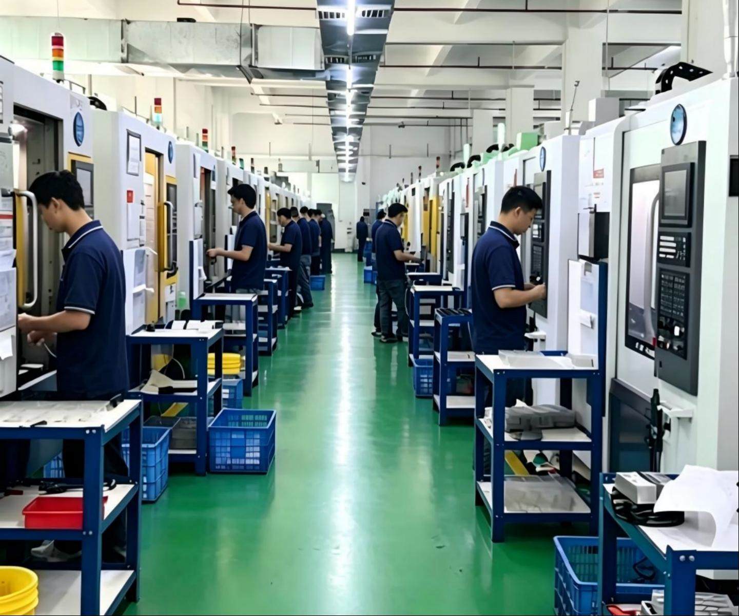 Operators working beside rows of CNC machines in a manufacturing workshop