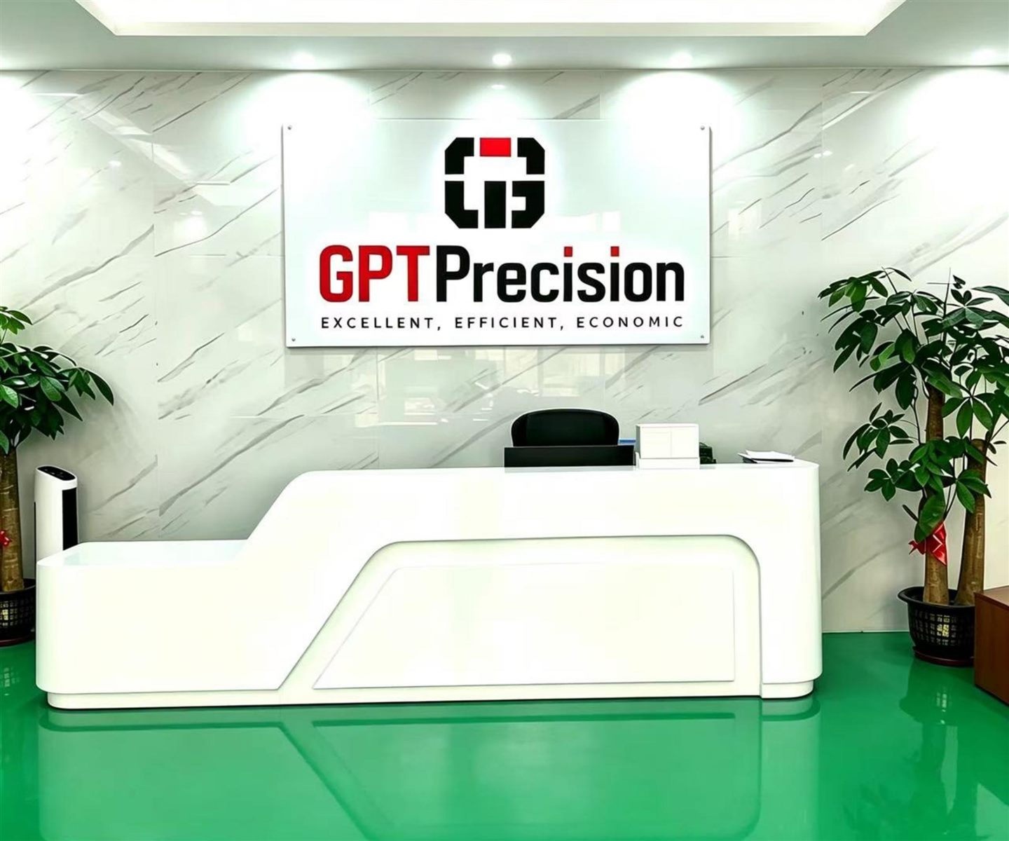 GPT Precision reception desk and company logo wall